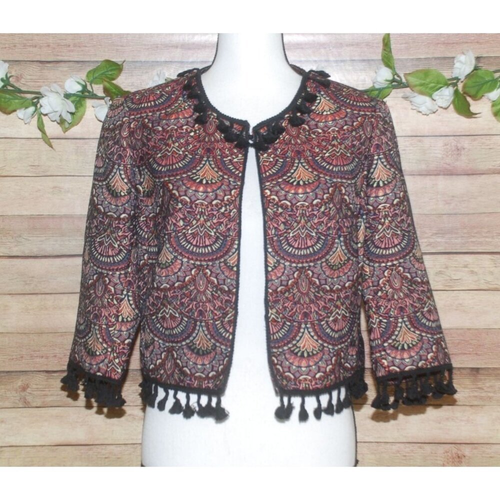 Chelsea & Violet Brocade Bolero Open Jacket Tassel Fringe Rich Colors Size S